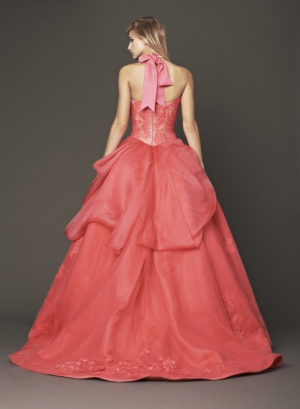 Vera Wang - Fall 2014 Bridal Collection - Wedding Dress Look 11
<br><br>
Coral strapless silk ball gown with hand applique Chantilly lace, gauze draping and floral beaded embroidery.

<br><br>